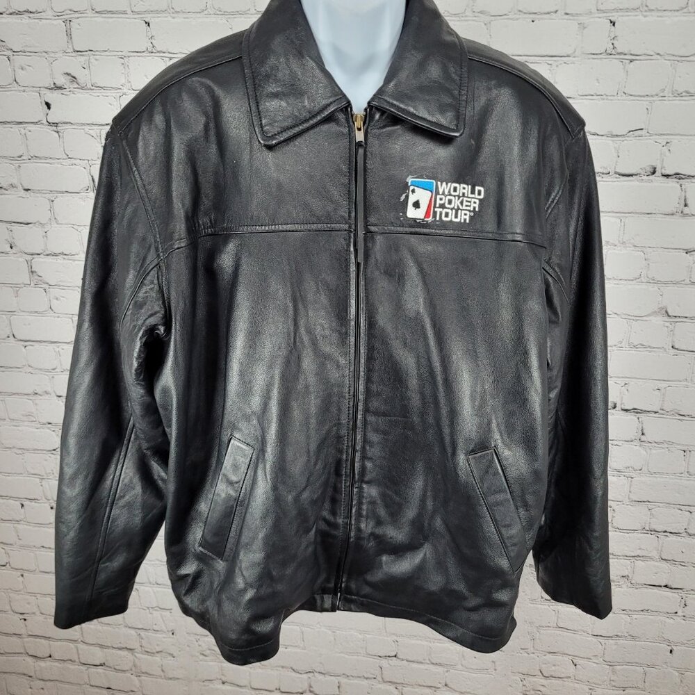World Poker Tour Burk's Bay Black Genuine Leather Full Zip Jacket Size XL